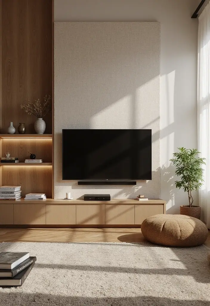 29 Living Room Accent Wall Ideas With TV That Look Smart and Modern - 9. Neutral Textured Fabrics