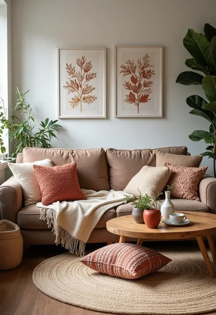 29 Living Room Boho Chic Ideas That Feel Relaxed and Trendy - 1. Layered Textiles for Cozy Vibes