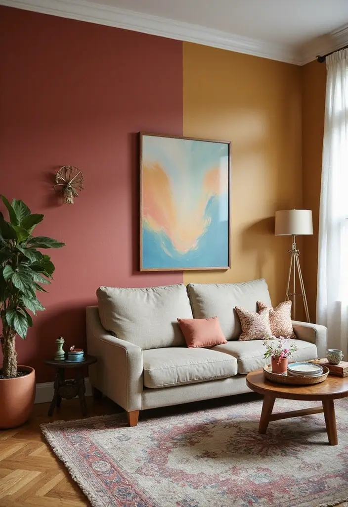 29 Living Room Boho Chic Ideas That Feel Relaxed and Trendy - 18. Playful Wall Colors