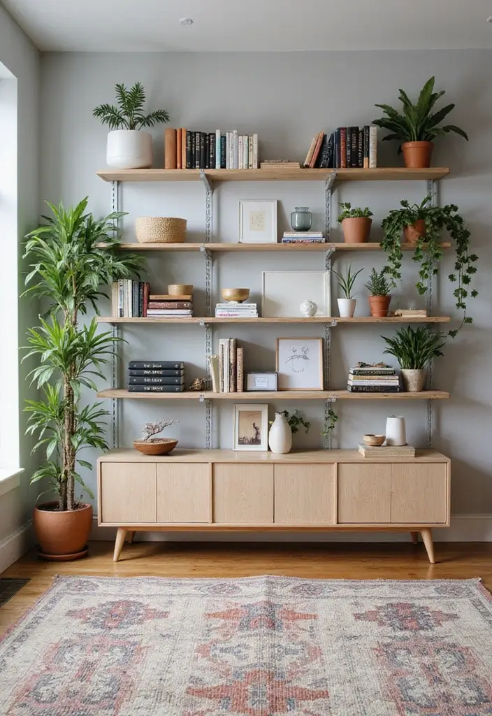 29 Living Room Boho Chic Ideas That Feel Relaxed and Trendy - 21. Open Shelving for Decor Display