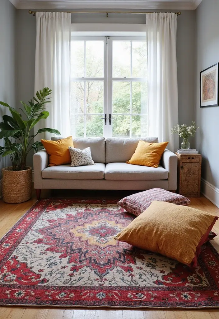 29 Living Room Boho Chic Ideas That Feel Relaxed and Trendy - 8. Bold and Beautiful Rugs