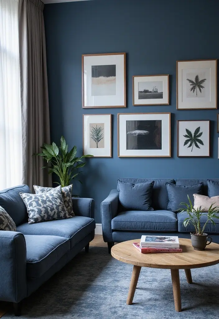 29 Living Room Dark Blue Ideas That Feel Moody and Sophisticated - 11. Dark Blue Accents in Artwork