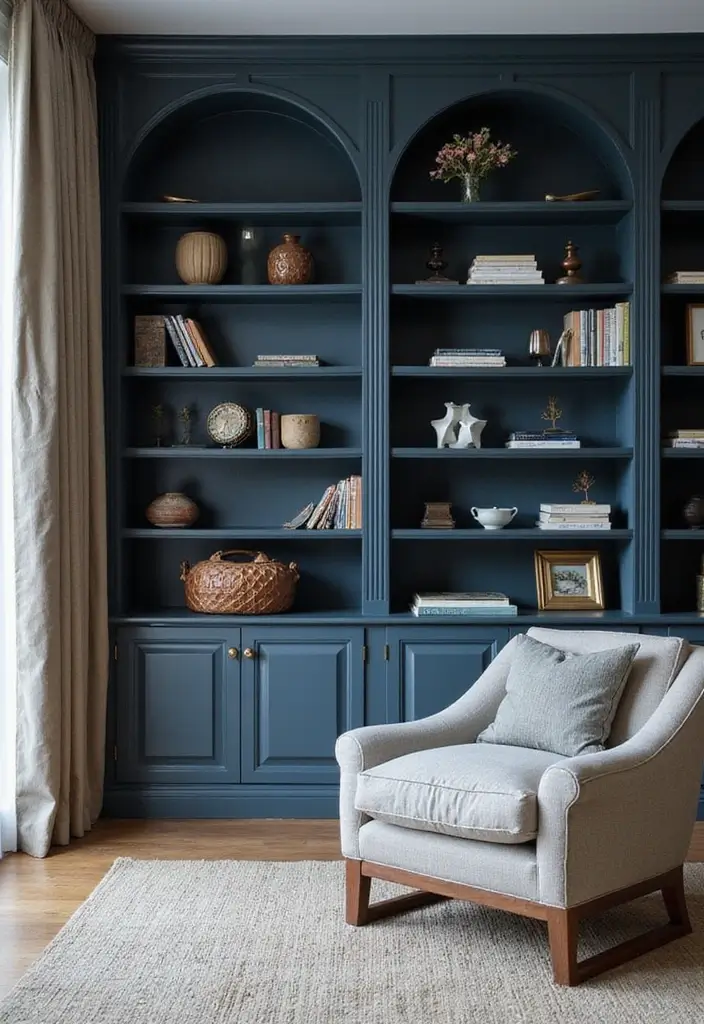 29 Living Room Dark Blue Ideas That Feel Moody and Sophisticated - 14. Dark Blue Shelving Units