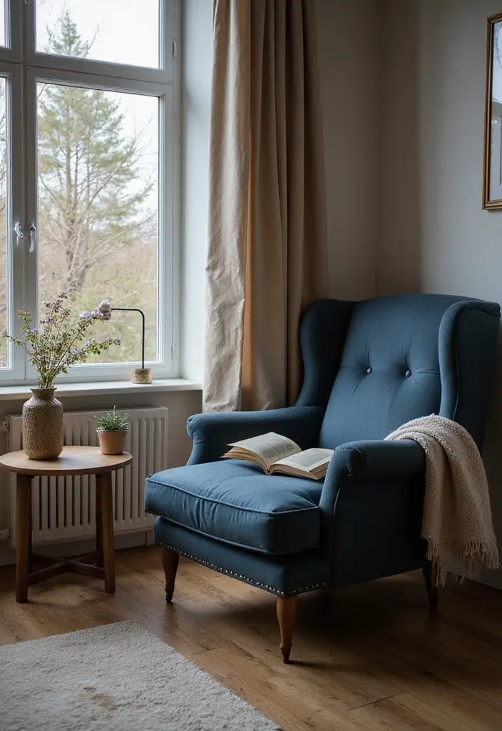 29 Living Room Dark Blue Ideas That Feel Moody and Sophisticated - 15. Cozy Reading Nooks