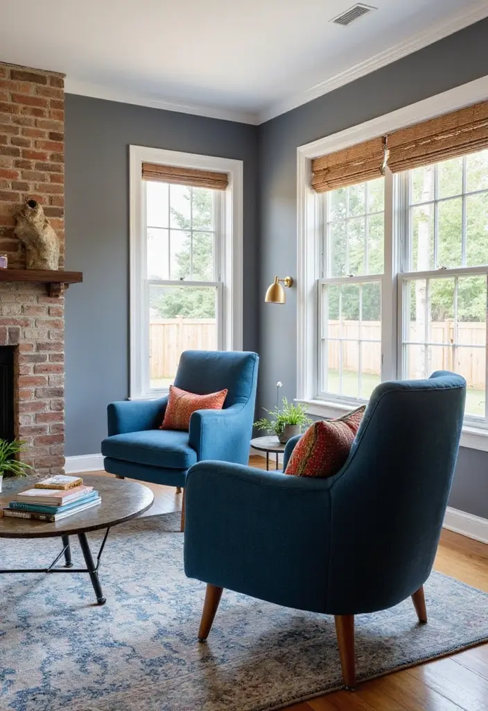 29 Living Room Dark Blue Ideas That Feel Moody and Sophisticated - 16. Statement Accent Chairs