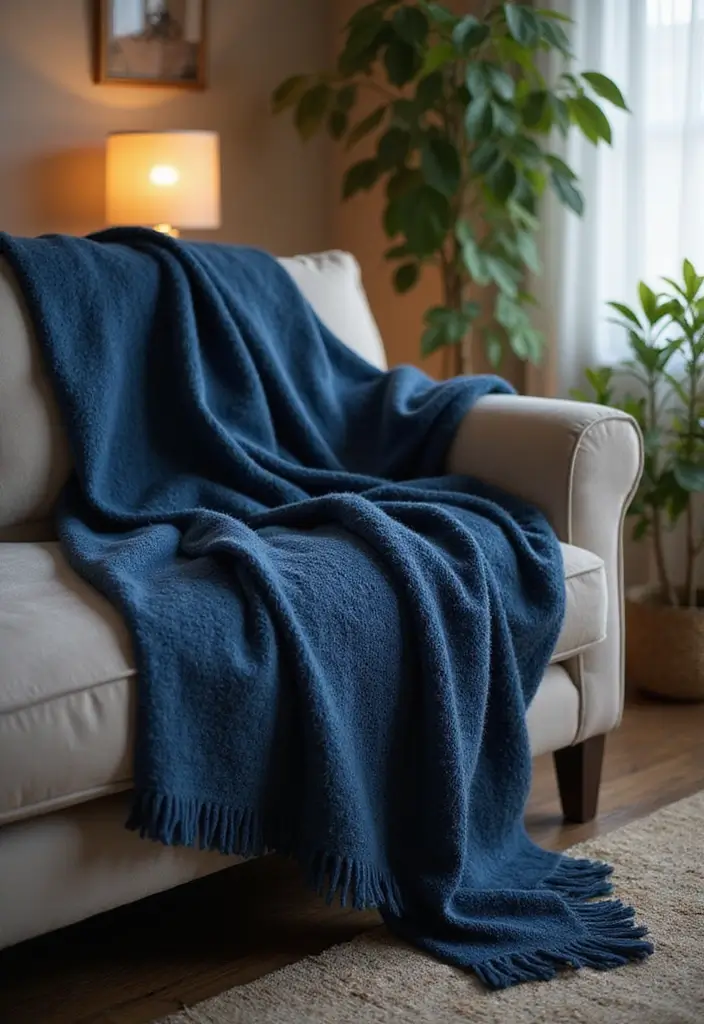 29 Living Room Dark Blue Ideas That Feel Moody and Sophisticated - 17. Dark Blue Throw Blankets