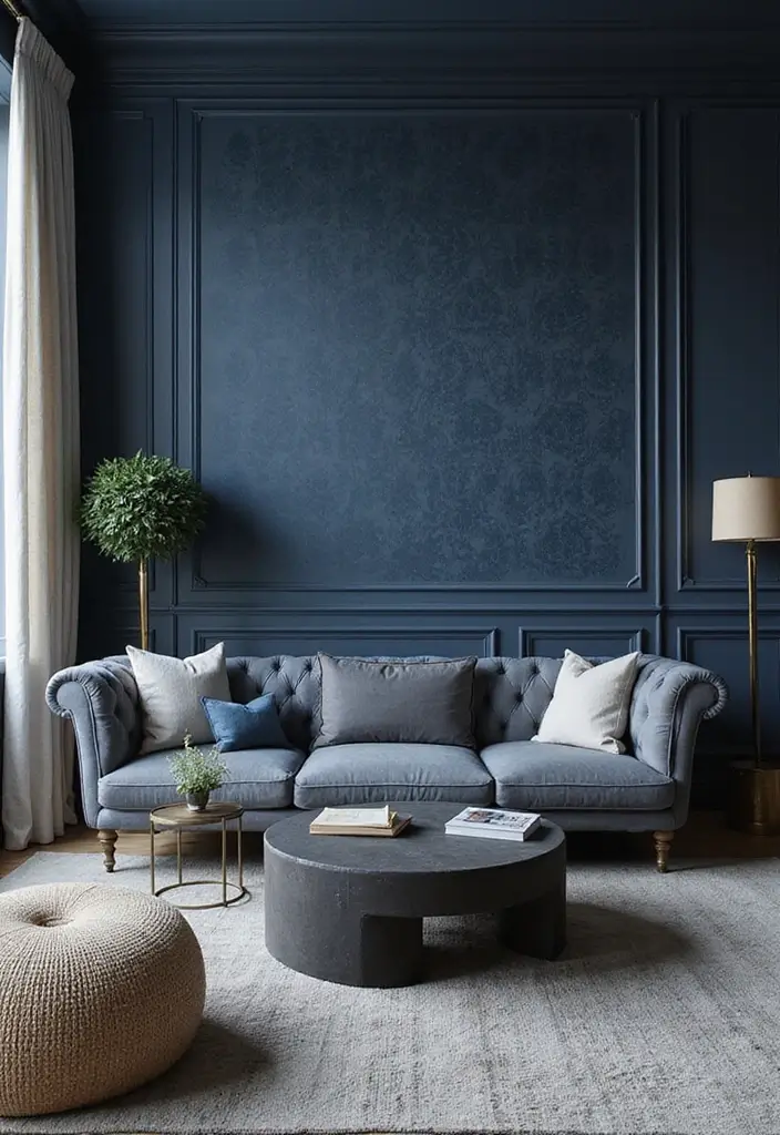 29 Living Room Dark Blue Ideas That Feel Moody and Sophisticated - 19. Dark Blue Wallpaper