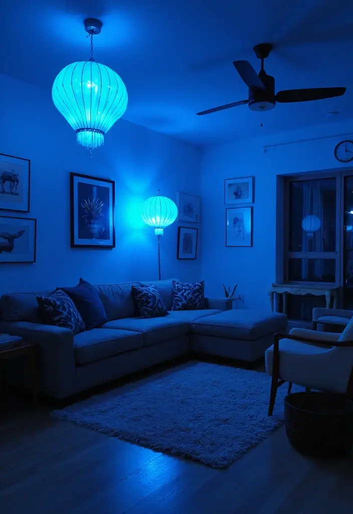 29 Living Room Dark Blue Ideas That Feel Moody and Sophisticated - 21. Artistic Blue Lighting