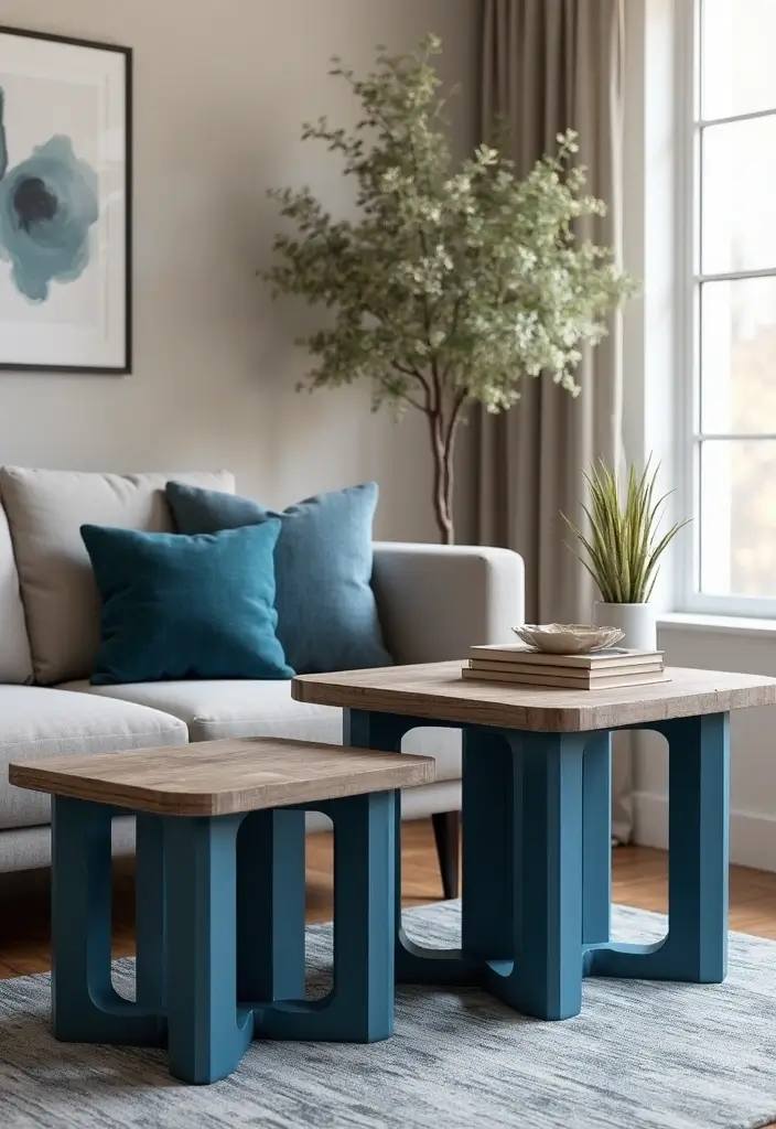 29 Living Room Dark Blue Ideas That Feel Moody and Sophisticated - 22. Dark Blue Accent Tables