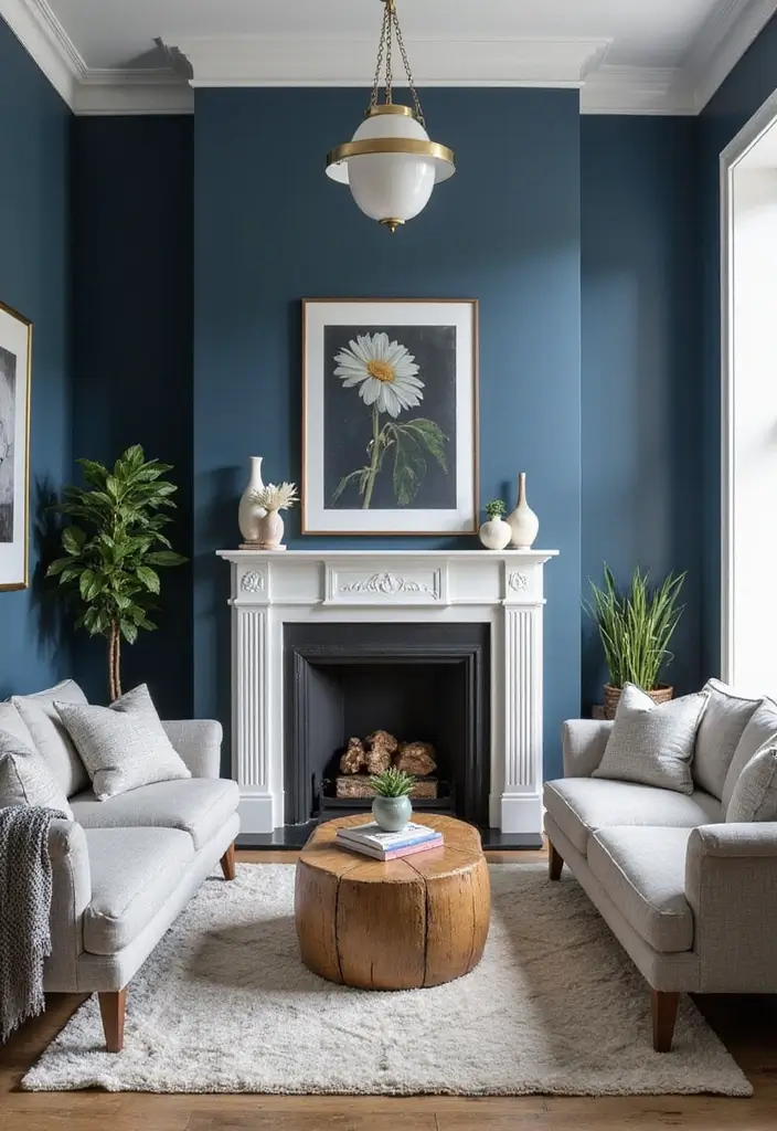 29 Living Room Dark Blue Ideas That Feel Moody and Sophisticated - 23. Dark Blue Accent Wall with White Trim