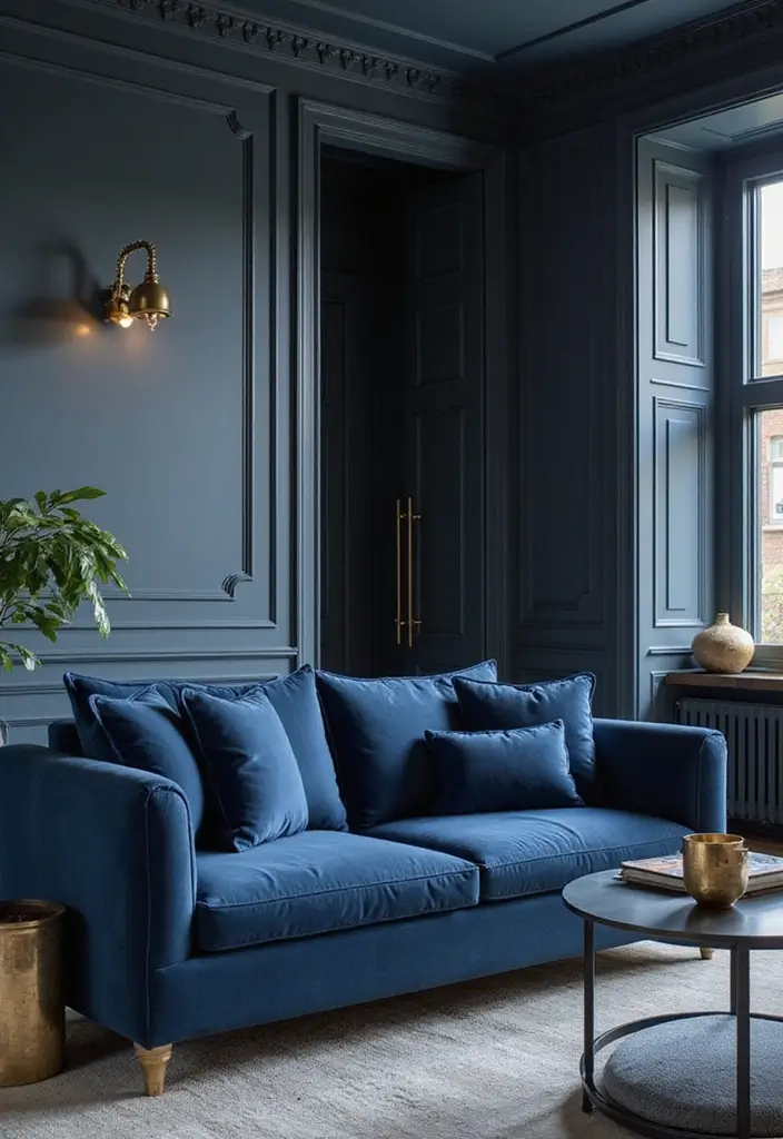 29 Living Room Dark Blue Ideas That Feel Moody and Sophisticated - 24. Dark Blue with Metallic Accents