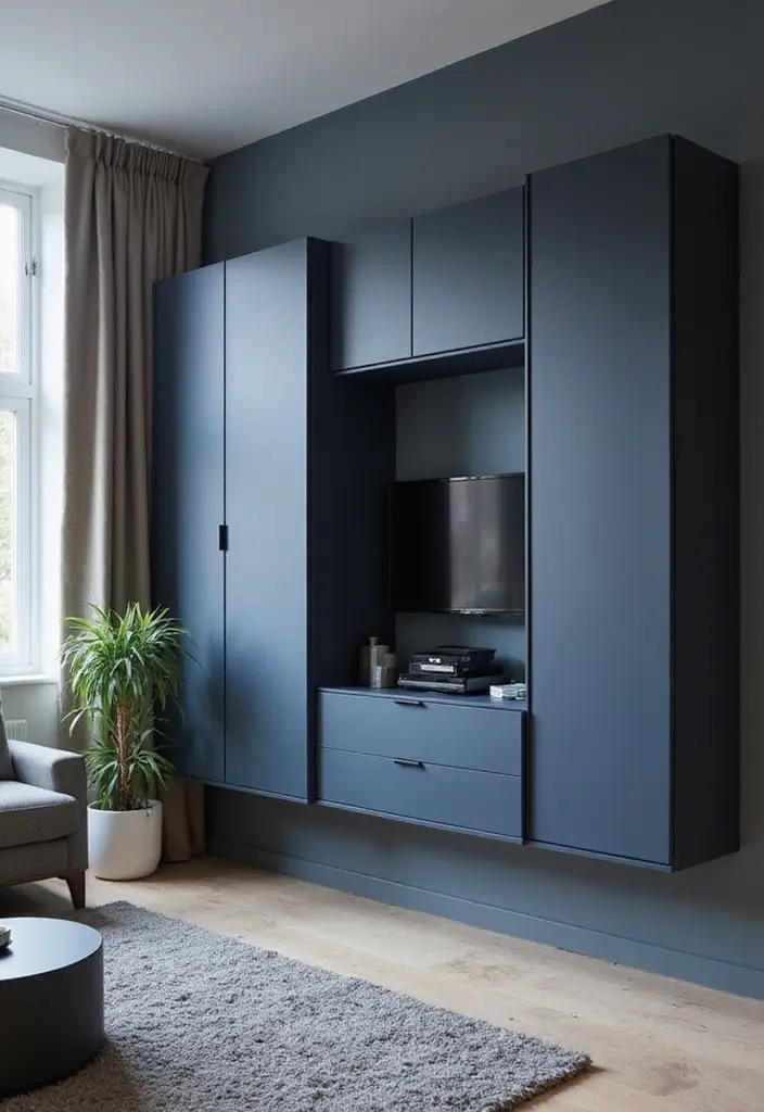 29 Living Room Dark Blue Ideas That Feel Moody and Sophisticated - 25. Wall-Mounted Blue Storage Solutions