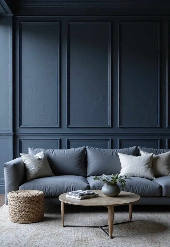29 Living Room Dark Blue Ideas That Feel Moody and Sophisticated - 26. Textured Dark Blue Wall Panels