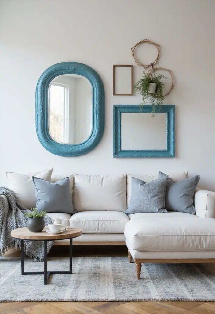29 Living Room Dark Blue Ideas That Feel Moody and Sophisticated - 27. Blue-Toned Decorative Mirrors