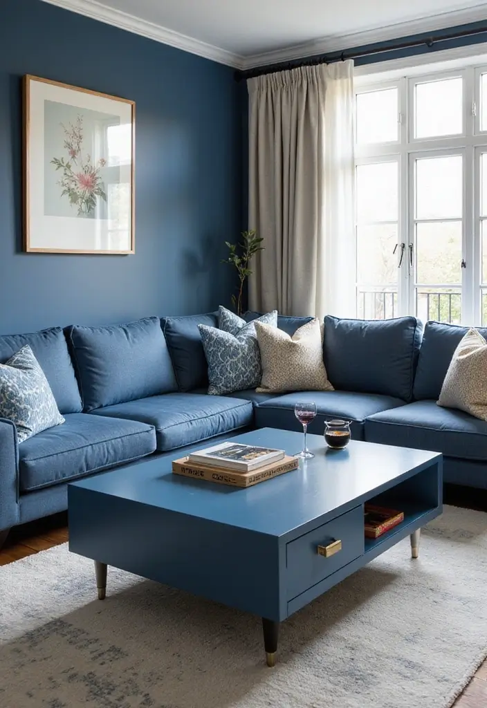 29 Living Room Dark Blue Ideas That Feel Moody and Sophisticated - 28. Blue-themed Coffee Tables