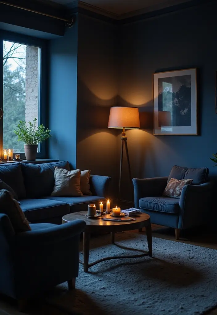 29 Living Room Dark Blue Ideas That Feel Moody and Sophisticated - 4. Moody Living Room Lighting