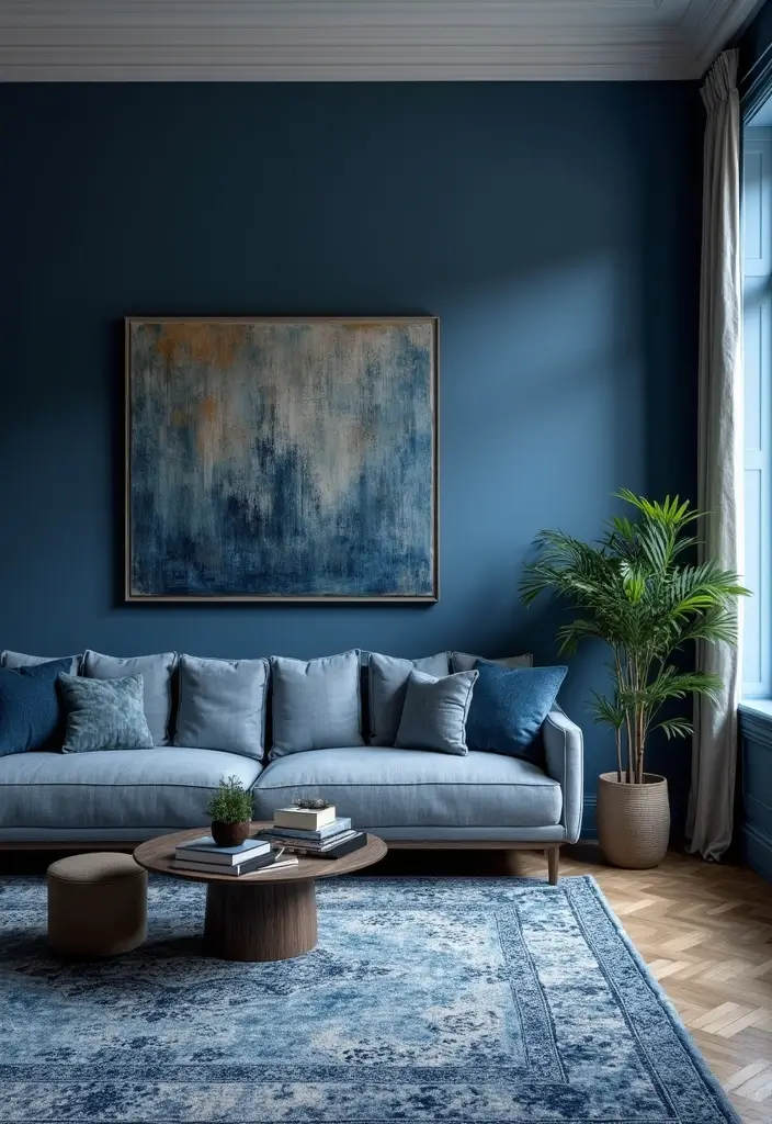 29 Living Room Dark Blue Ideas That Feel Moody and Sophisticated - 5. Accent Rugs in Blue Tones