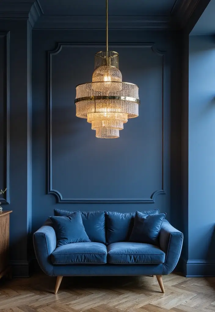 29 Living Room Dark Blue Ideas That Feel Moody and Sophisticated - 8. Statement Lighting Fixtures