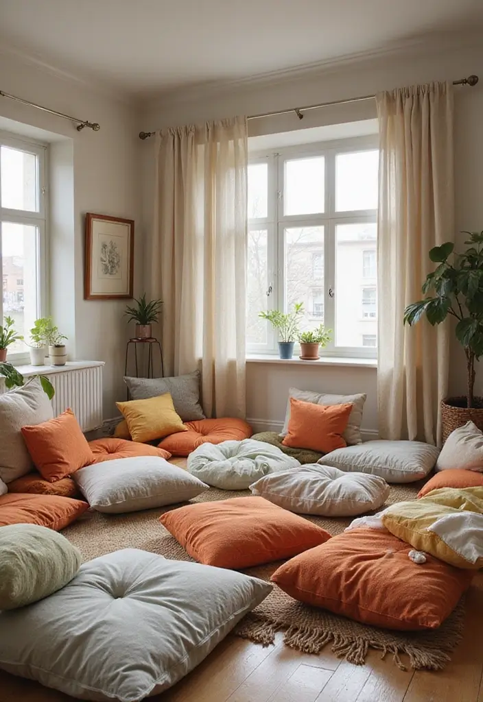 29 Living Room Movie Night Ideas That Make Home Feel Like a Theater - 16. Comfortable Floor Cushions