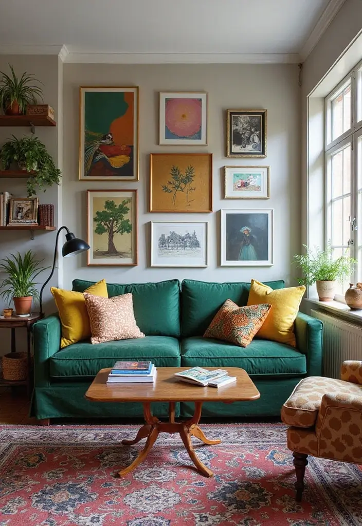 29 Living Room With Green Sofa Ideas That Feel Natural and Stylish - 10. Eclectic Layers