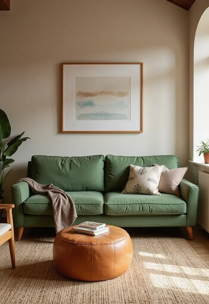 29 Living Room With Green Sofa Ideas That Feel Natural and Stylish - 11. Harmonious Earth Tones