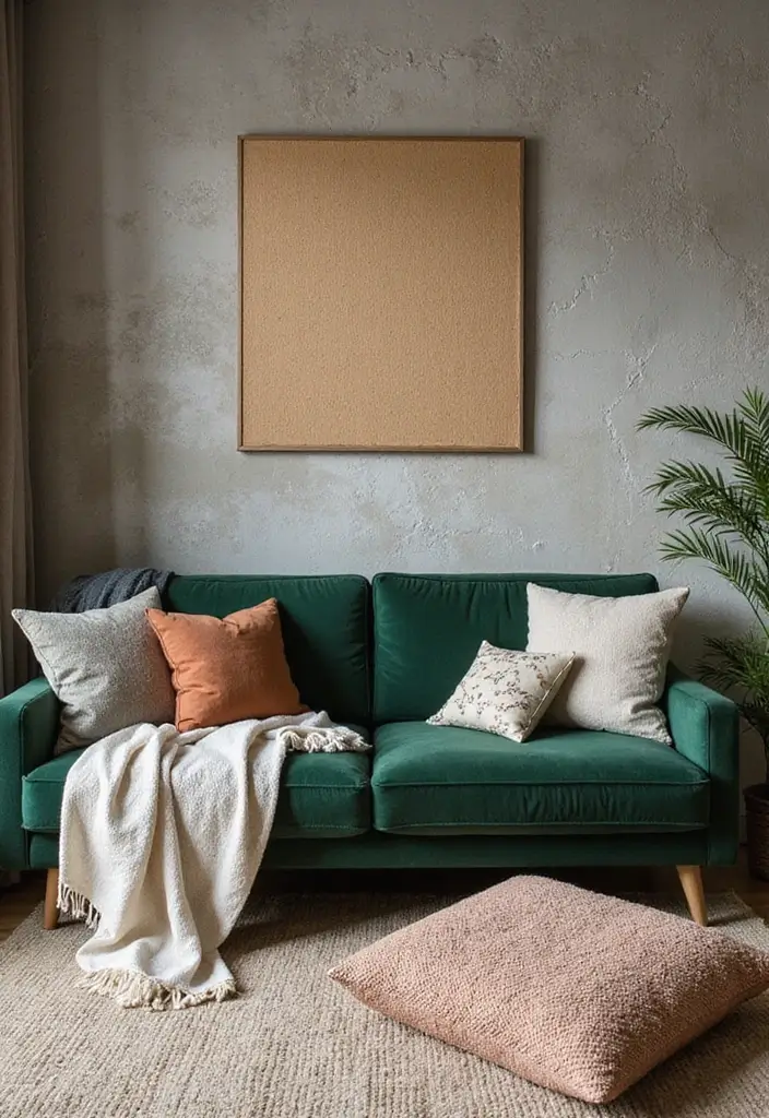 29 Living Room With Green Sofa Ideas That Feel Natural and Stylish - 12. Textured Layers