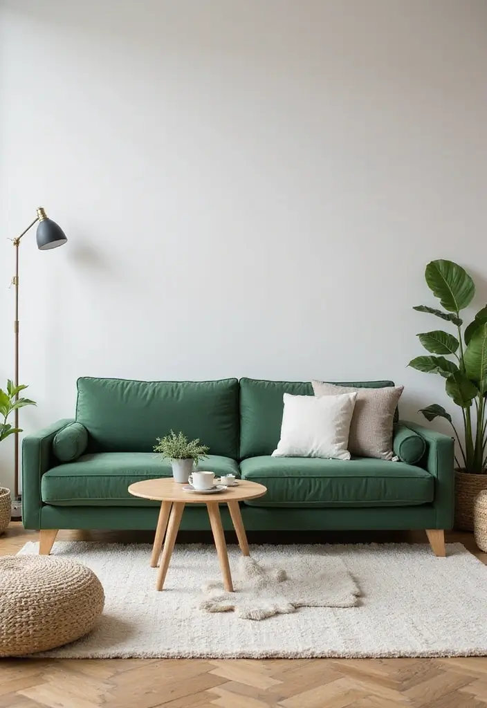 29 Living Room With Green Sofa Ideas That Feel Natural and Stylish - 13. Neutral Accents