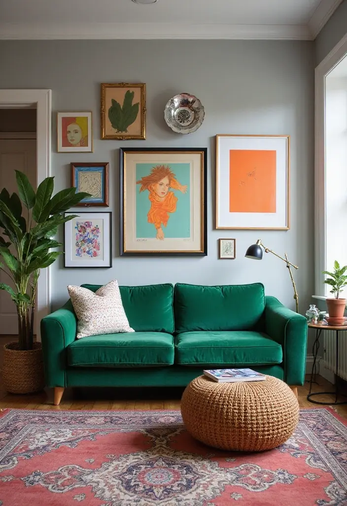 29 Living Room With Green Sofa Ideas That Feel Natural and Stylish - 14. Artful Displays