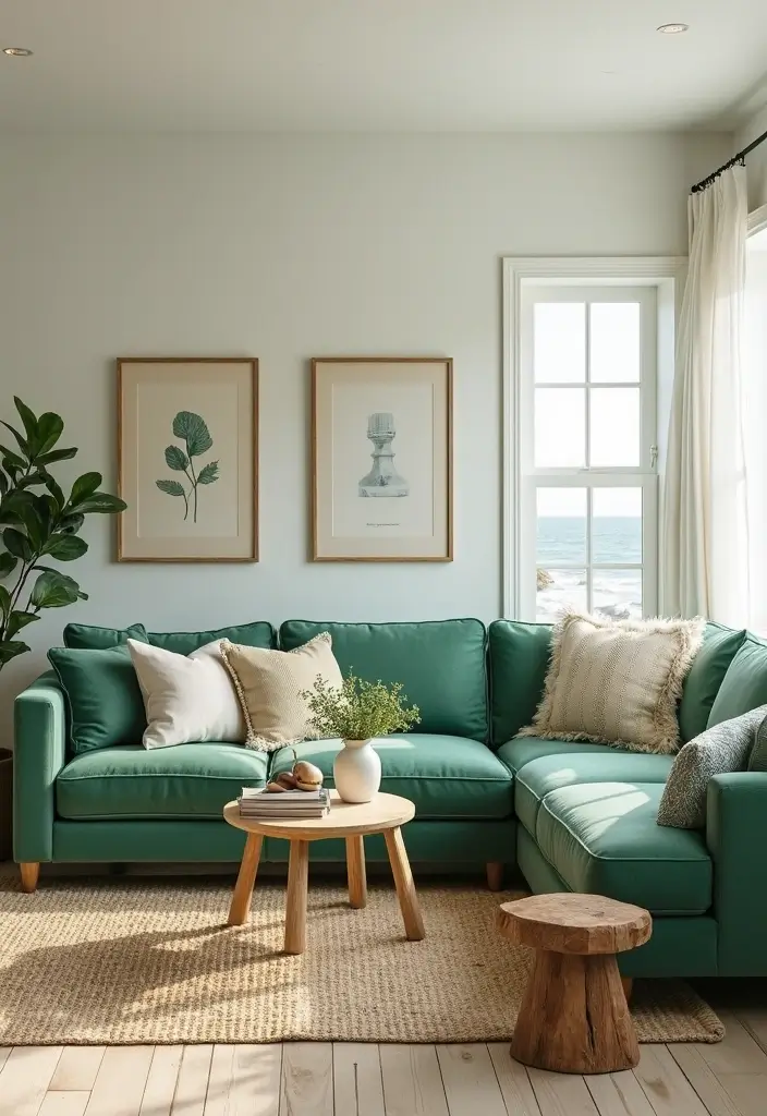 29 Living Room With Green Sofa Ideas That Feel Natural and Stylish - 15. Coastal Inspiration