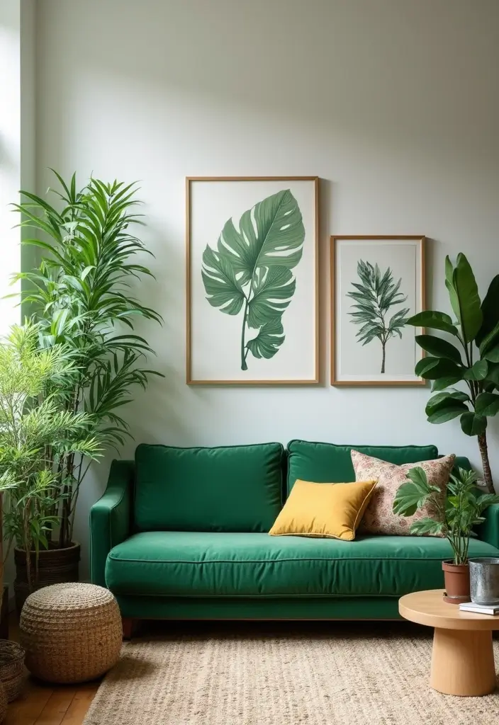29 Living Room With Green Sofa Ideas That Feel Natural and Stylish - 16. Urban Jungle