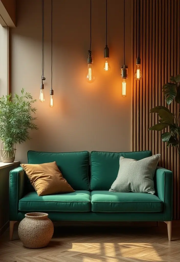 29 Living Room With Green Sofa Ideas That Feel Natural and Stylish - 17. Layered Lighting