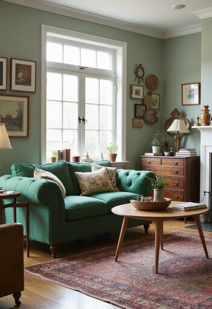 29 Living Room With Green Sofa Ideas That Feel Natural and Stylish - 18. Vintage Finds and New Styles