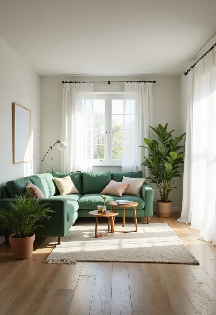 29 Living Room With Green Sofa Ideas That Feel Natural and Stylish - 19. Natural Light and Open Spaces