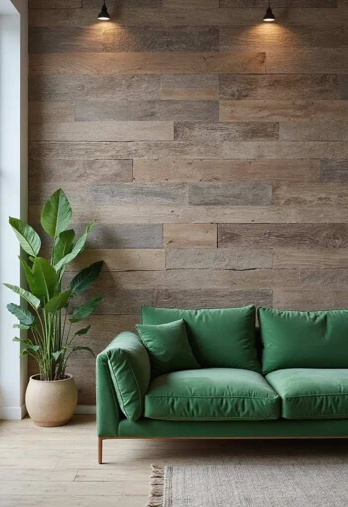 29 Living Room With Green Sofa Ideas That Feel Natural and Stylish - 20. Textured Accent Walls