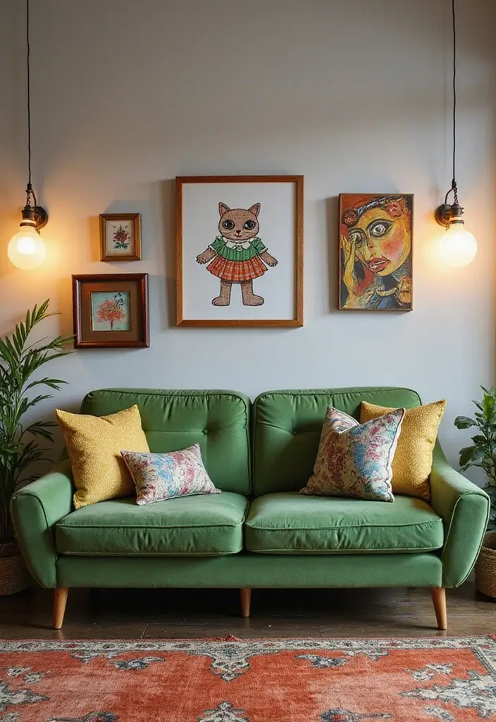 29 Living Room With Green Sofa Ideas That Feel Natural and Stylish - 21. Whimsical Touches