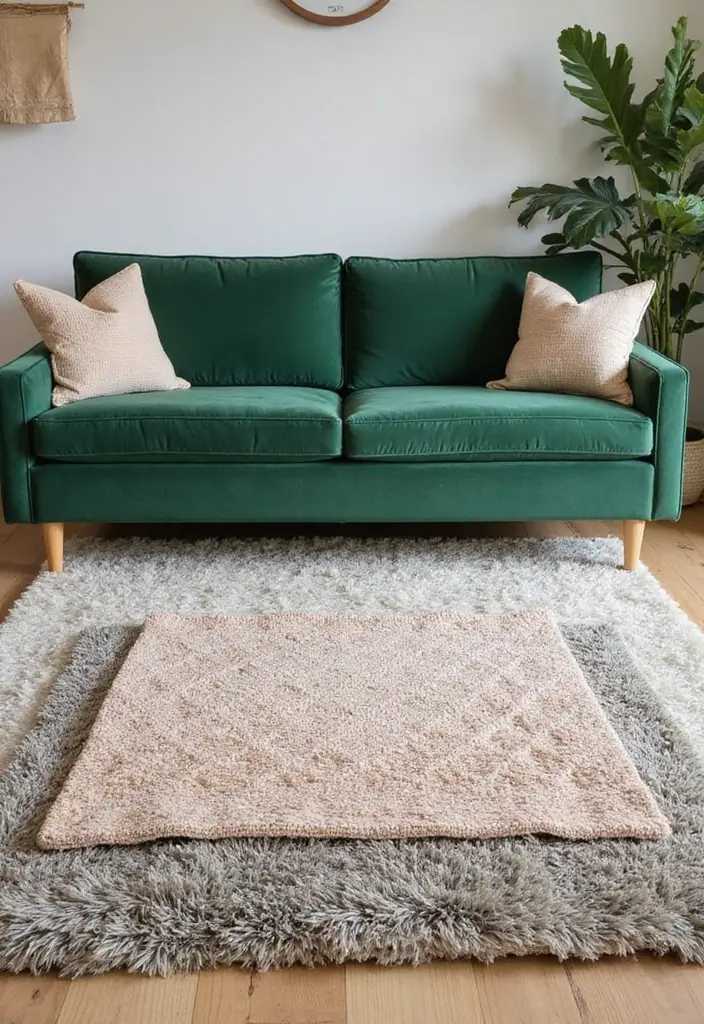 29 Living Room With Green Sofa Ideas That Feel Natural and Stylish - 22. Layered Area Rugs