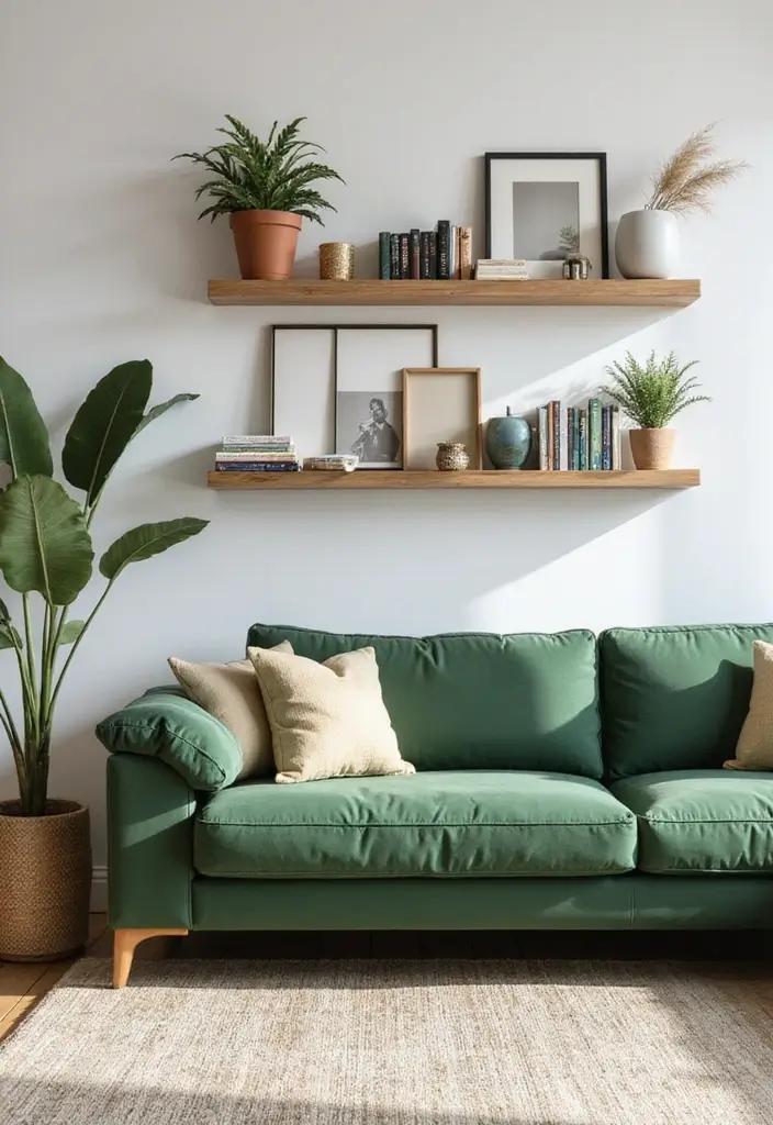 29 Living Room With Green Sofa Ideas That Feel Natural and Stylish - 23. Thoughtful Displays