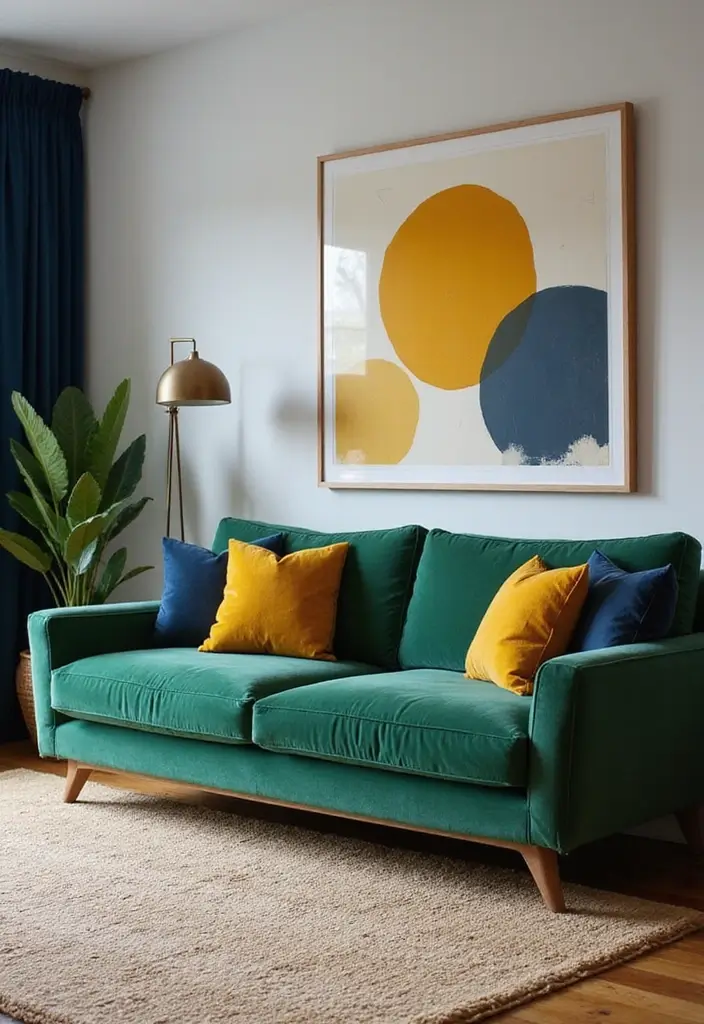 29 Living Room With Green Sofa Ideas That Feel Natural and Stylish - 24. Accent Colors for Flair