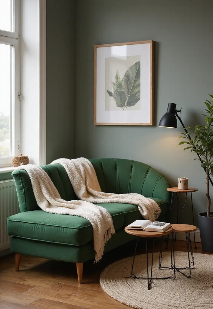 29 Living Room With Green Sofa Ideas That Feel Natural and Stylish - 25. Comfy Corner Retreat