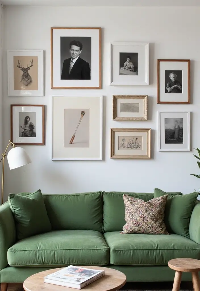 29 Living Room With Green Sofa Ideas That Feel Natural and Stylish - 27. Personalized Art Displays