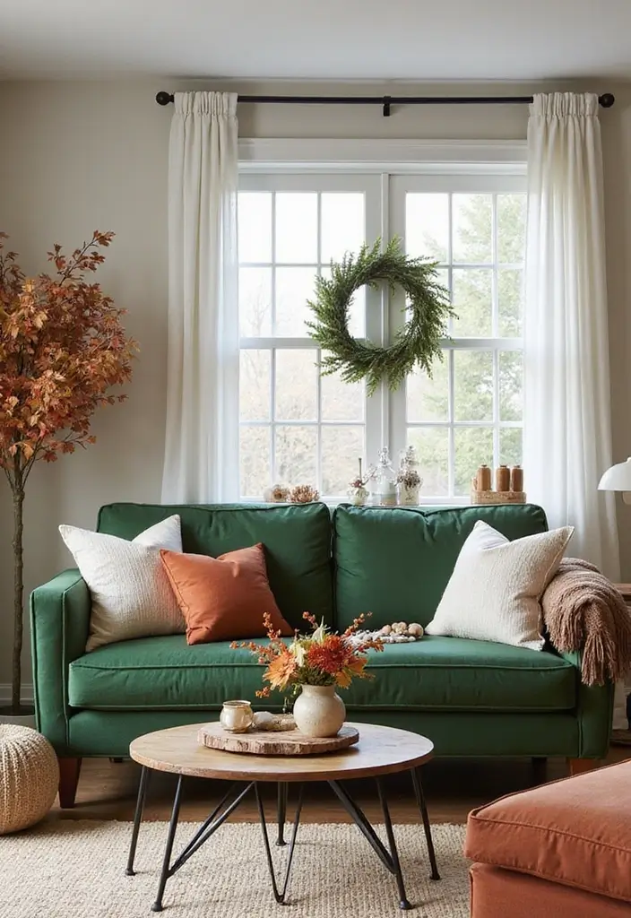 29 Living Room With Green Sofa Ideas That Feel Natural and Stylish - 28. Seasonal Decor Changes