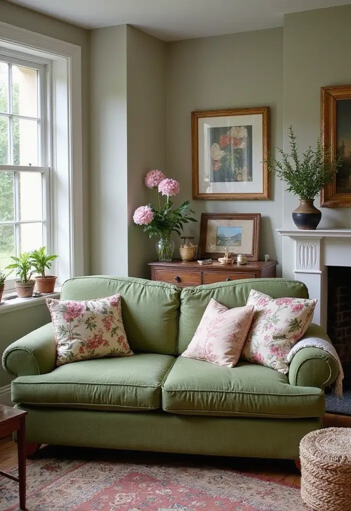 29 Living Room With Green Sofa Ideas That Feel Natural and Stylish - 29. Relaxed Cottage Feel