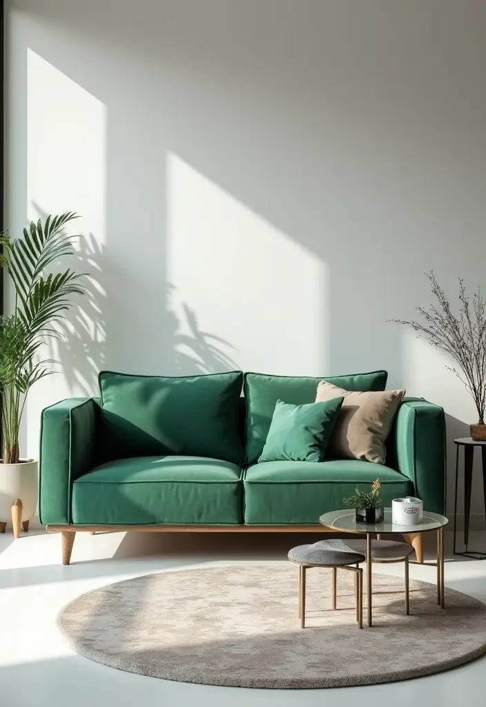 29 Living Room With Green Sofa Ideas That Feel Natural and Stylish - 3. Chic Modern Minimalism