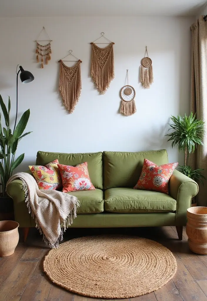 29 Living Room With Green Sofa Ideas That Feel Natural and Stylish - 4. Nature-Inspired Bohemian Vibes