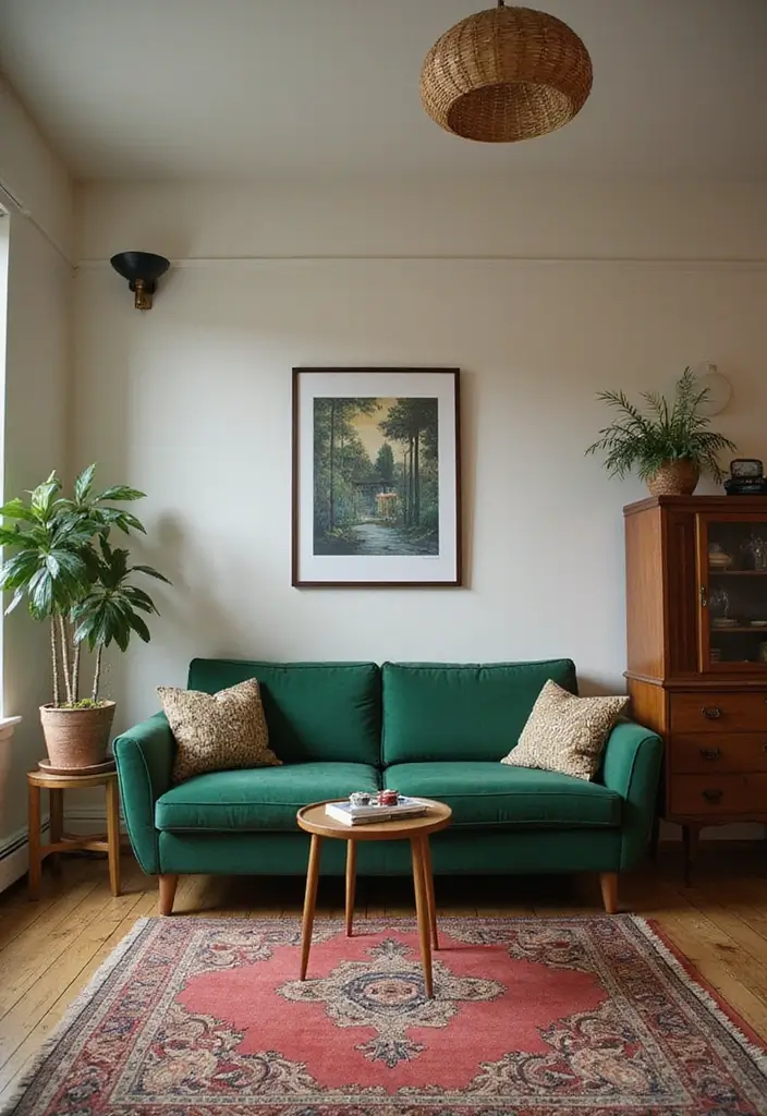 29 Living Room With Green Sofa Ideas That Feel Natural and Stylish - 5. Vintage Charm with a Twist