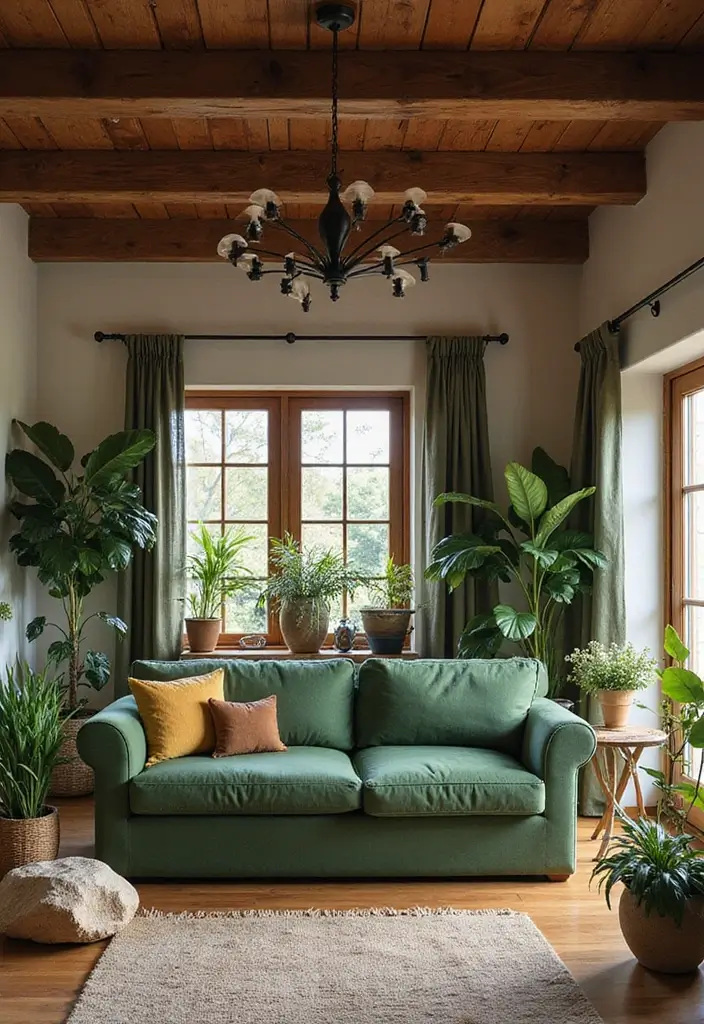 29 Living Room With Green Sofa Ideas That Feel Natural and Stylish - 6. Rustic Retreat