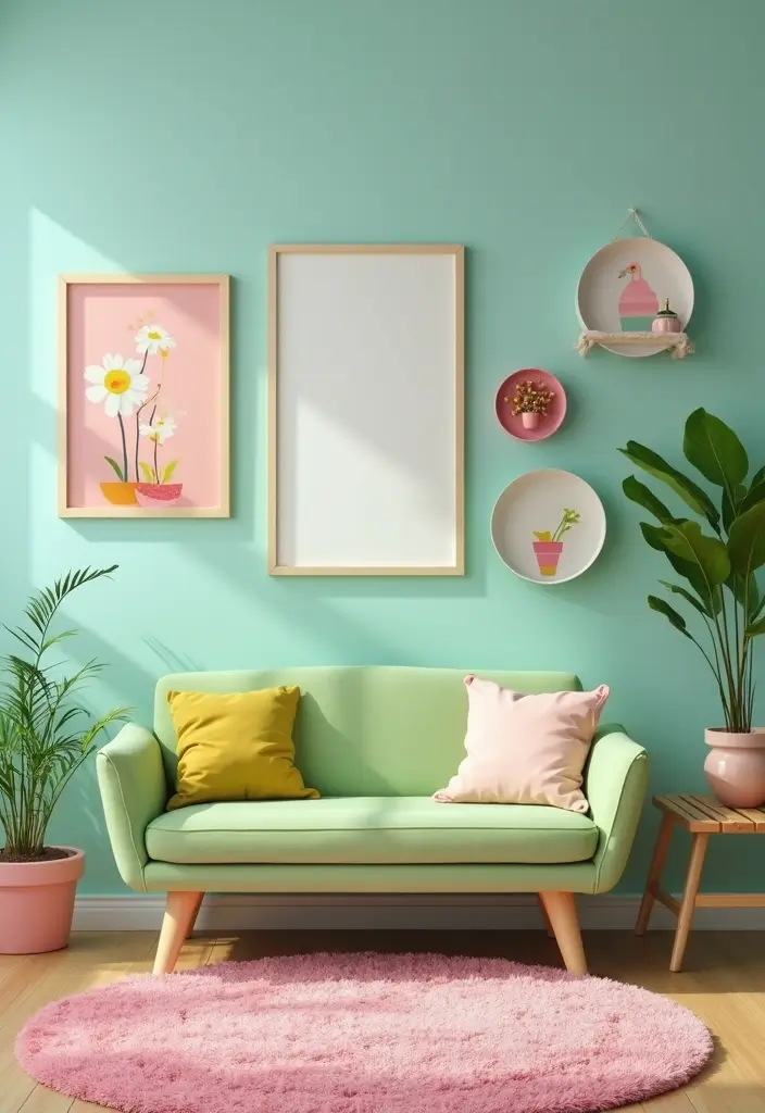 29 Living Room With Green Sofa Ideas That Feel Natural and Stylish - 7. Playful Pastels
