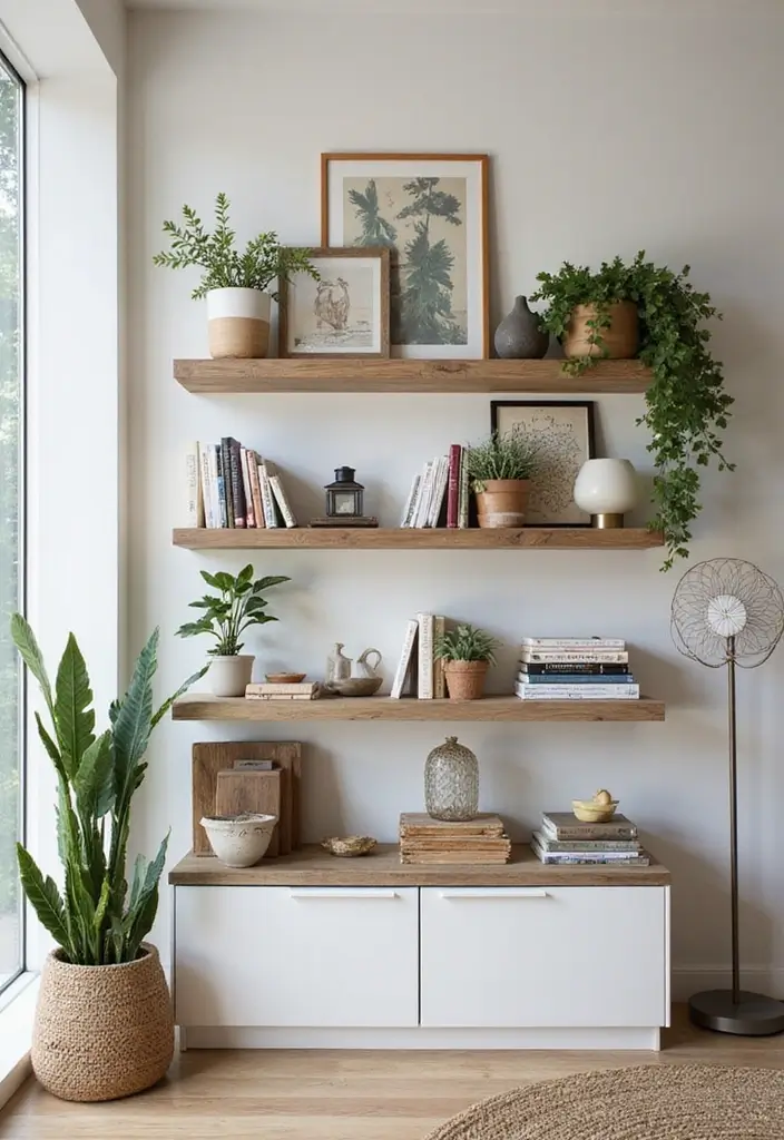 29 Modern Living Room Decor Ideas That Are Sleek and Stylish - 19. Open Shelving Displays