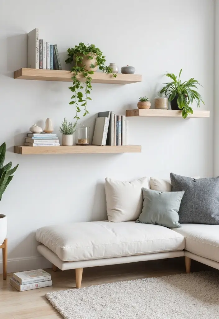 29 Modern Living Room Decor Ideas That Are Sleek and Stylish - 3. Minimalist Shelving