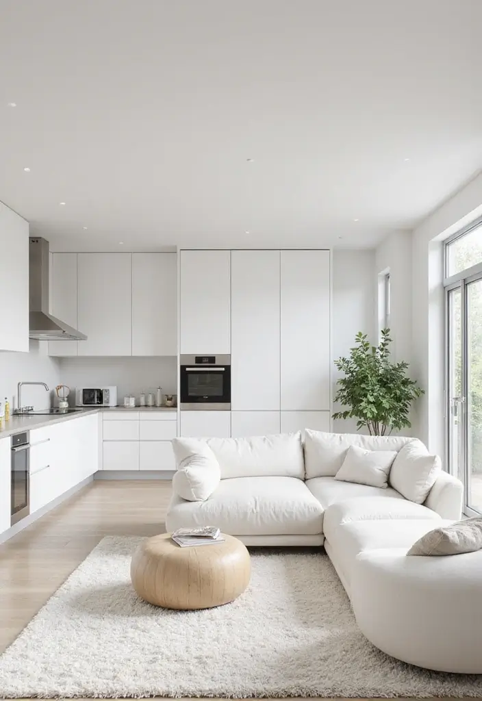 29 Open Concept Kitchen and Living Room Ideas That Flow Beautifully - 1. Minimalist White-On-White Aesthetic